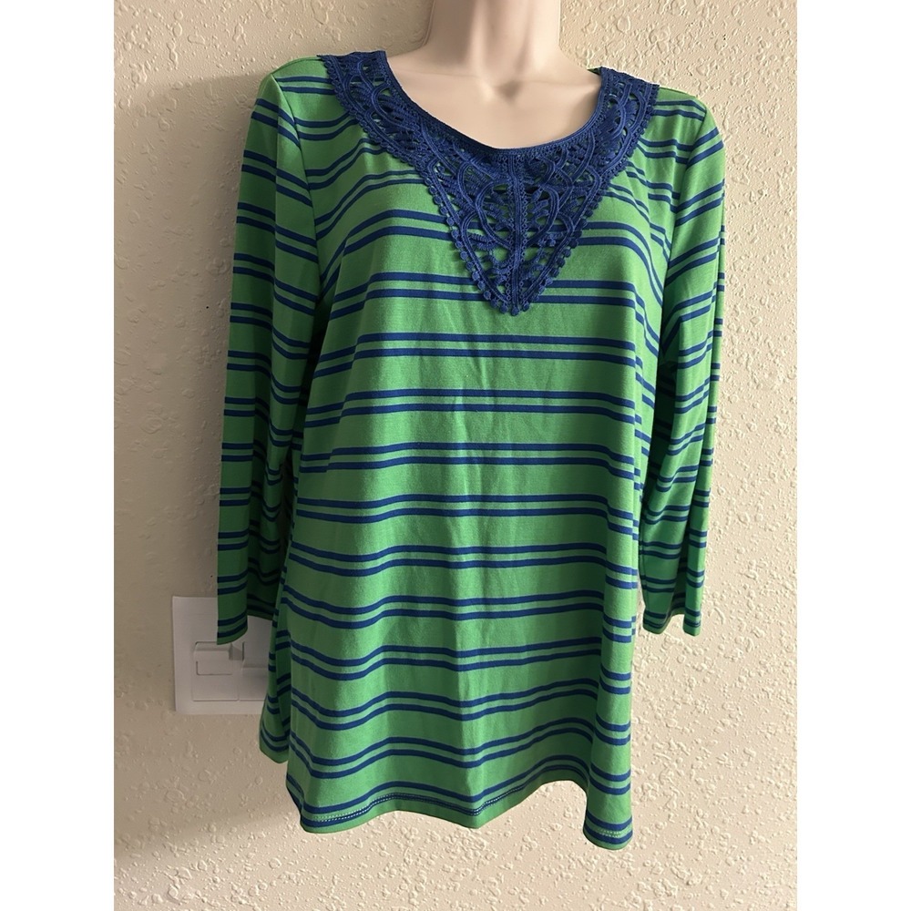 Kim Rogers Petite Large PL Top Blue Green Striped Crochet Lace V-Neck Blouse